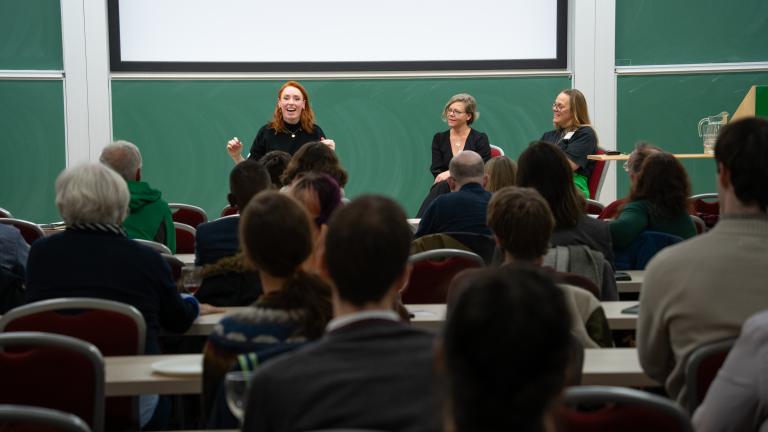 Hannah Fry, Marianne Freiberger, Rachel Thomas at Mathsci-comm meeting